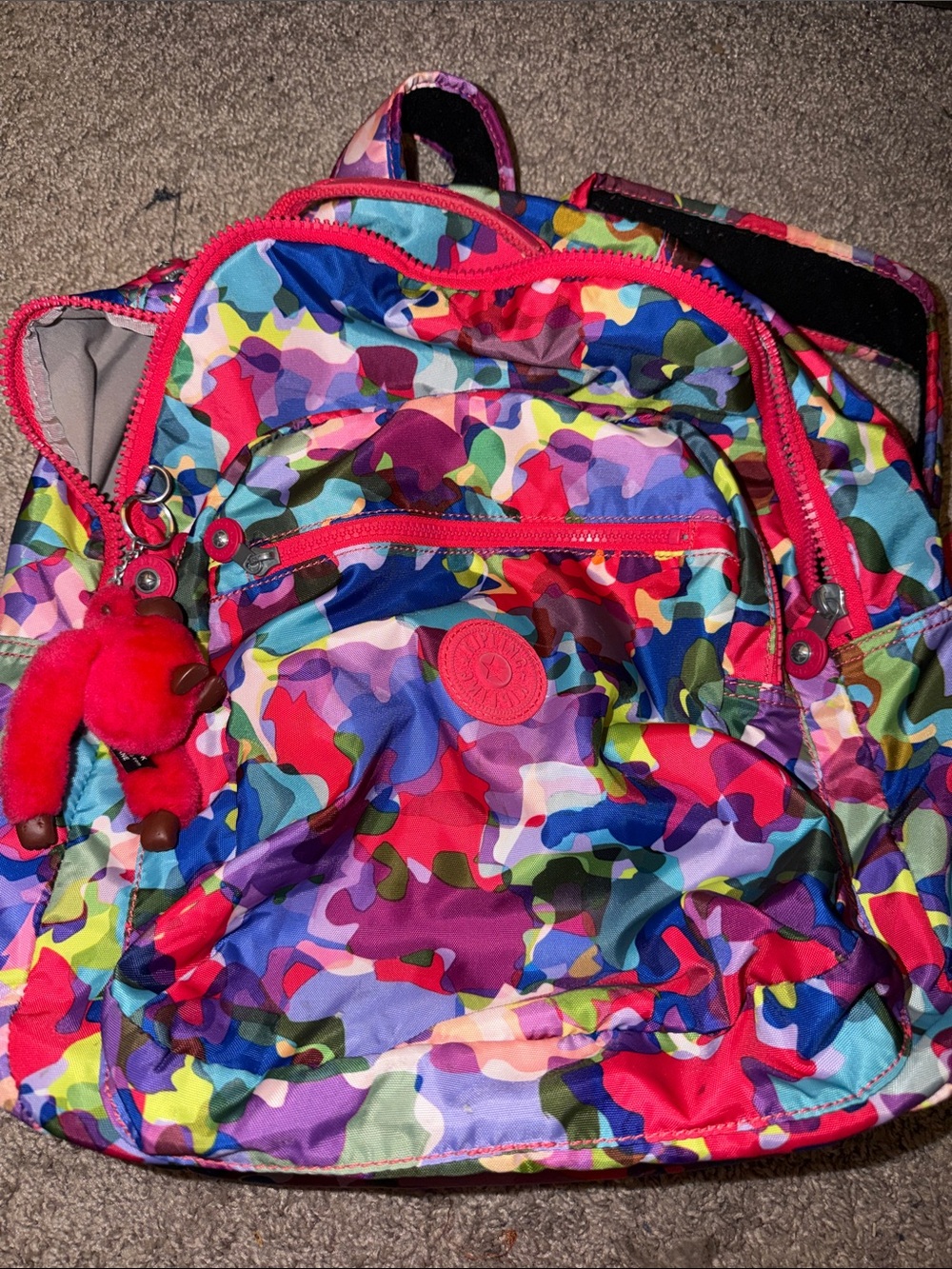 Kipling Multicolor Camo 15in Laptop Backpack with Bright Pink Accents